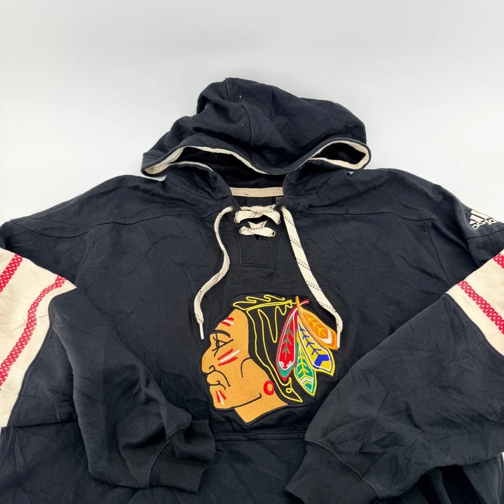 Adidas Chicago Blackhawks NHL Lace Up Jersey Hoodie XL Black Red Embroidered